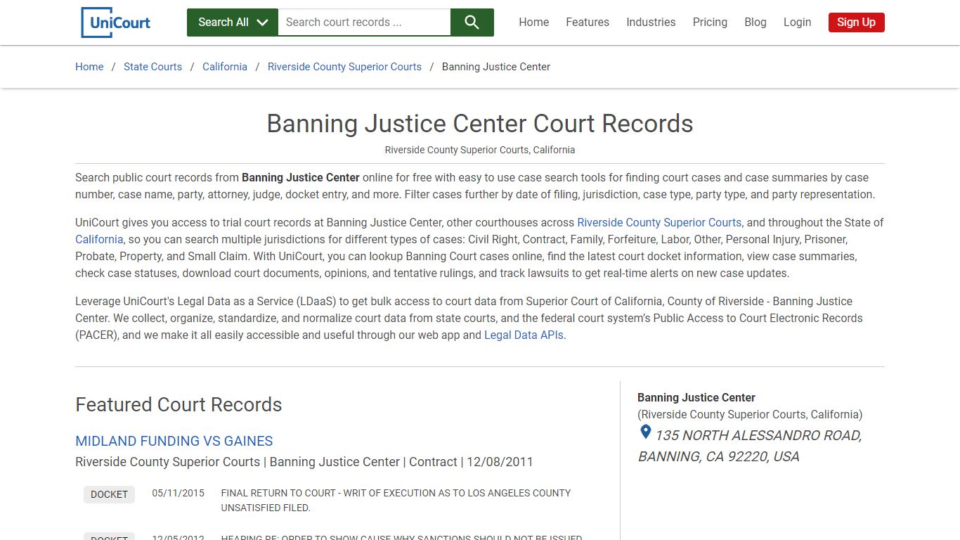 Banning Justice Center Court Records | Riverside | UniCourt