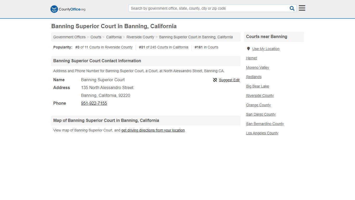 Banning Superior Court - Banning, CA (Address and Phone)